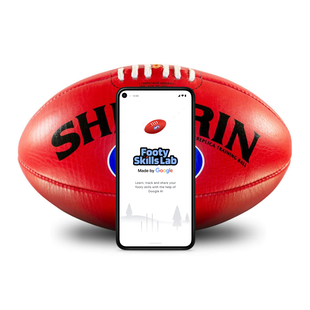 A graphic showing a phone with the Footy Skills Lab app open, in front of a Sherrin football.