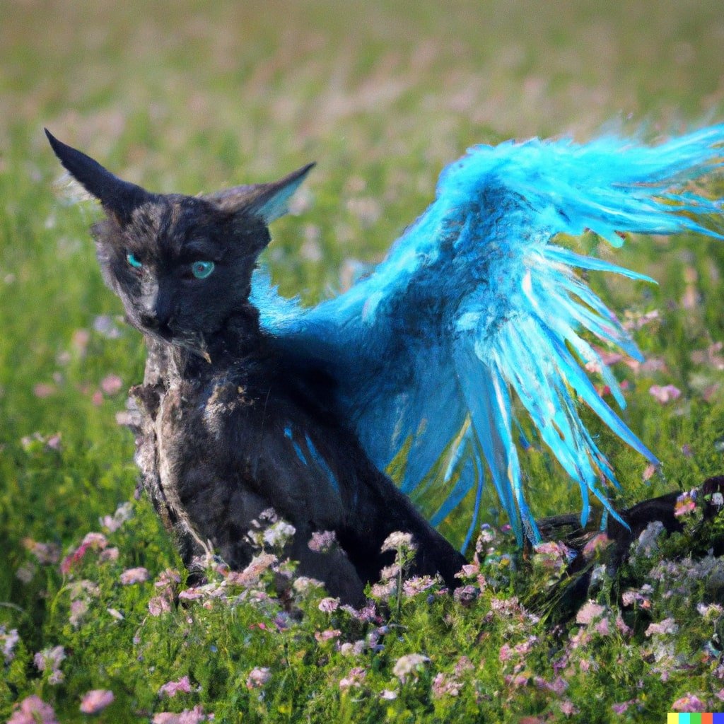 Prompt: a bird cat chimera with wings and cat eyes, in a flower field, photo.