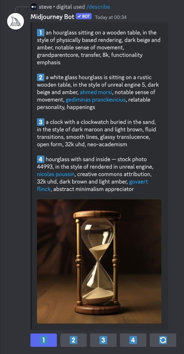 Midjourney's prompt suggestions when using the /describe command.